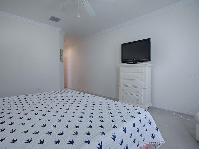 bedroom with ceiling fan and ornamental molding