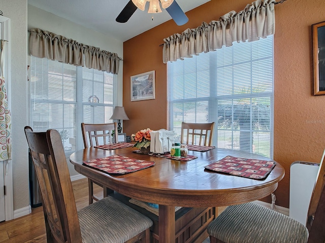 dining area with hardwood / wood-style floors and ceiling fan