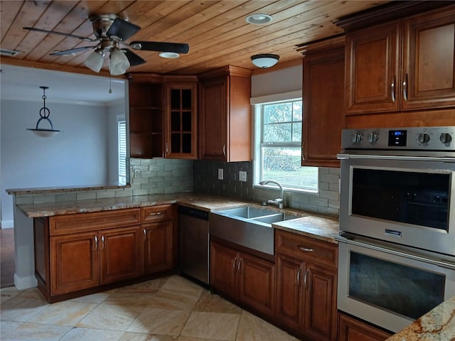 kitchen with wood ceiling, backsplash, sink, pendant lighting, and stainless steel appliances