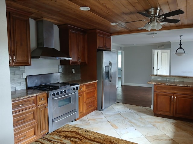 kitchen with wood ceiling, tasteful backsplash, ceiling fan, wall chimney exhaust hood, and stainless steel appliances