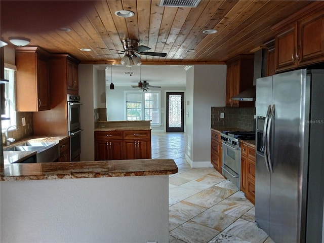 kitchen featuring appliances with stainless steel finishes, wood ceiling, decorative backsplash, and a wealth of natural light