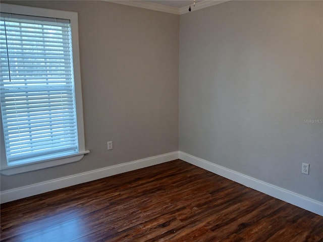 spare room with dark wood-type flooring and crown molding