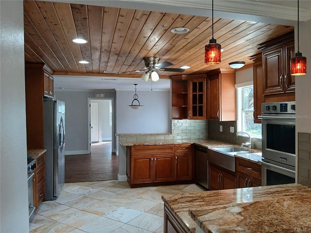 kitchen featuring light stone countertops, kitchen peninsula, hanging light fixtures, stainless steel appliances, and wooden ceiling