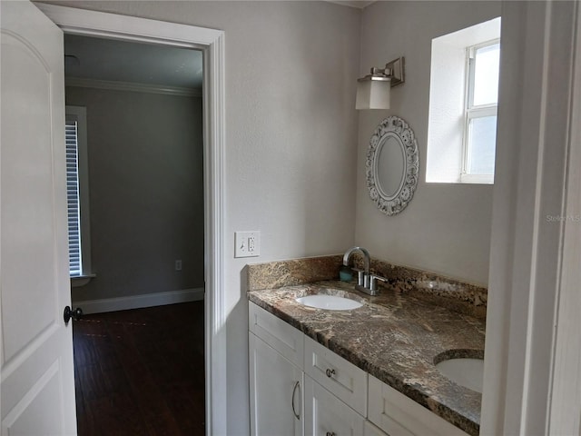 bathroom featuring vanity, ornamental molding, and wood-type flooring