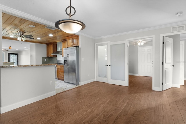 kitchen featuring kitchen peninsula, wood ceiling, light wood-type flooring, and stainless steel refrigerator with ice dispenser