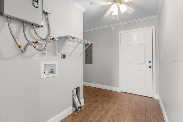 washroom with electric panel, wood-type flooring, hookup for a washing machine, electric dryer hookup, and crown molding