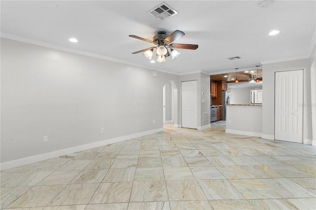 unfurnished living room with crown molding and ceiling fan