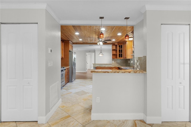 kitchen with kitchen peninsula, ceiling fan, appliances with stainless steel finishes, wooden ceiling, and decorative light fixtures