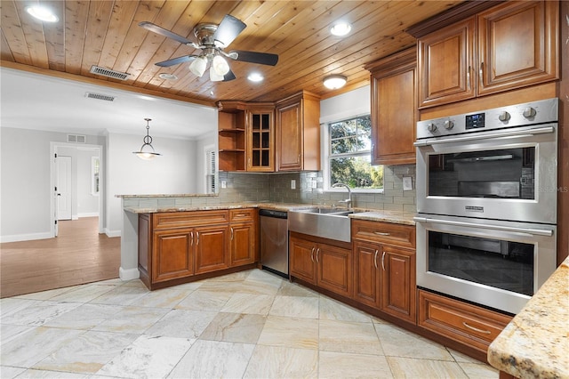 kitchen with stainless steel appliances, backsplash, wooden ceiling, light stone countertops, and pendant lighting