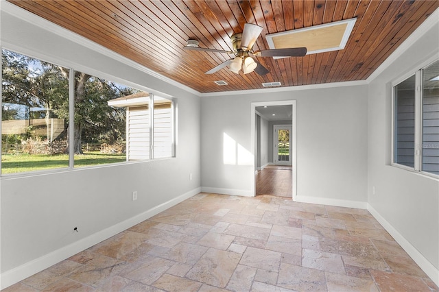 spare room featuring ornamental molding, wood ceiling, and ceiling fan