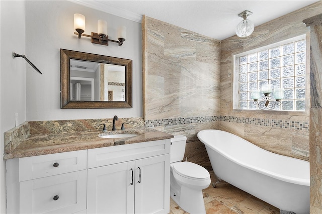 bathroom featuring vanity, toilet, tile walls, and a bath