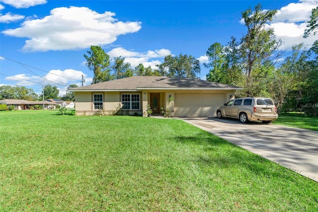 ranch-style home featuring a front lawn and a garage