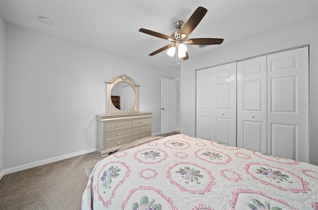 bedroom featuring a closet, ceiling fan, and carpet