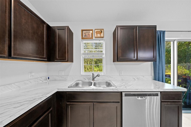 kitchen featuring stainless steel dishwasher, sink, dark brown cabinetry, and a healthy amount of sunlight