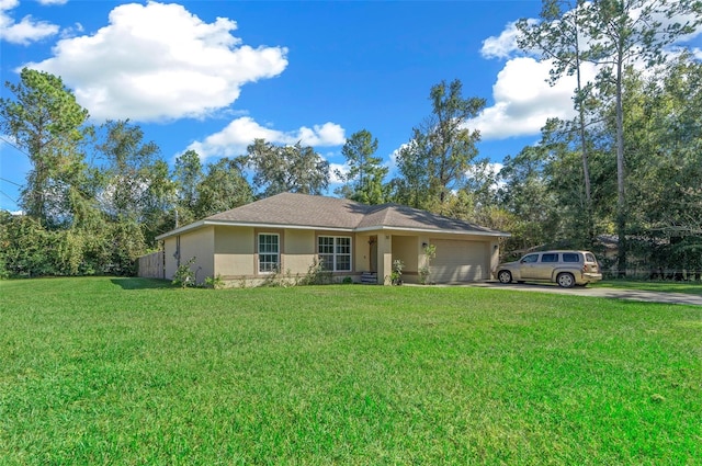 ranch-style home with a front lawn and a garage