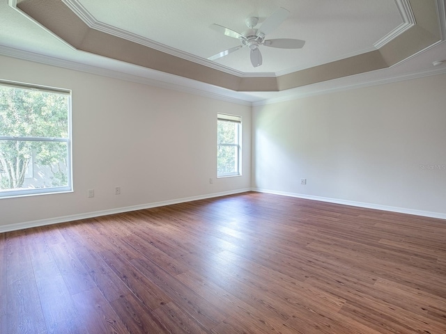 spare room with crown molding, a raised ceiling, dark hardwood / wood-style floors, and ceiling fan