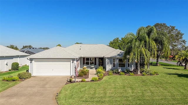 single story home with a garage and a front lawn