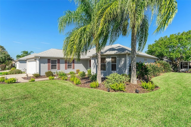 single story home featuring a front yard and a garage