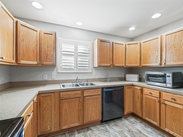 kitchen featuring electric range, a toaster, black dishwasher, light countertops, and a sink