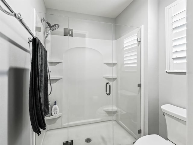 bathroom with a healthy amount of sunlight, a shower with shower door, and toilet