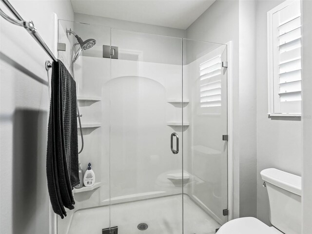 bathroom featuring toilet and a stall shower