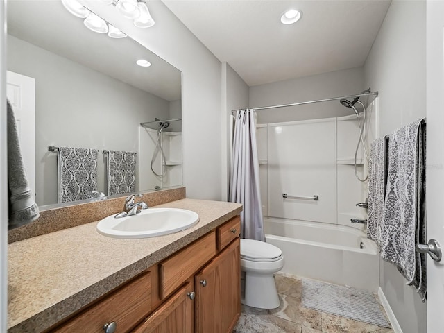 full bathroom with toilet, vanity, and shower / bathtub combination with curtain