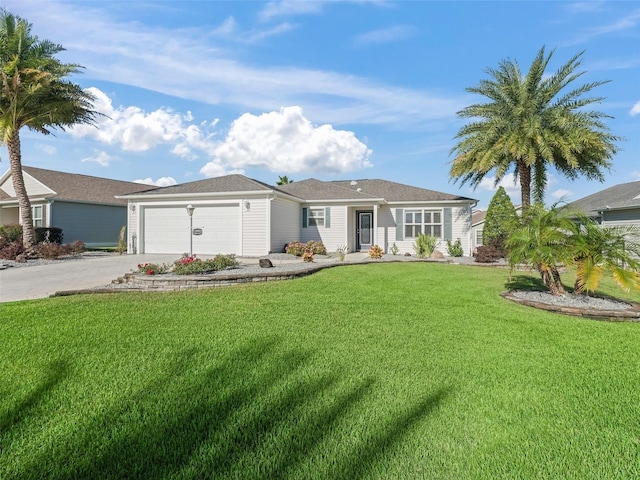 single story home featuring a front lawn and a garage