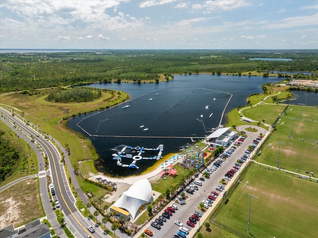 drone / aerial view with a water view