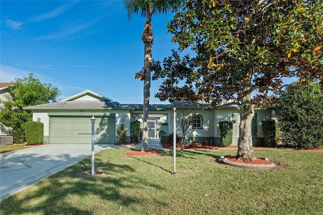 single story home featuring a front lawn, central AC, and a garage