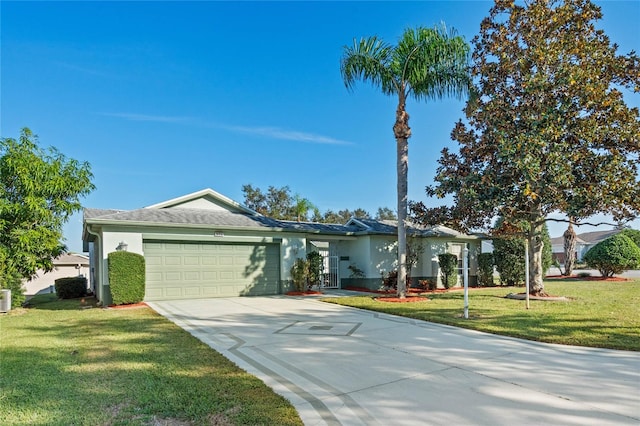 single story home featuring a front yard and a garage