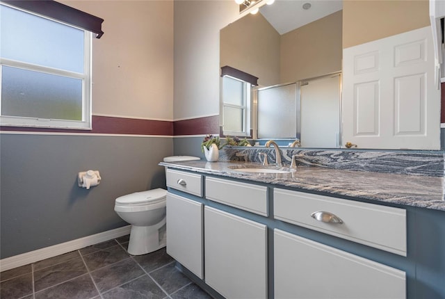 bathroom featuring a healthy amount of sunlight, vanity, toilet, and walk in shower