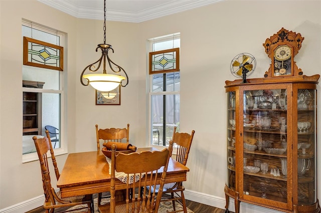 dining area featuring a wealth of natural light, wood-type flooring, and crown molding