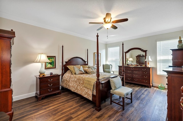 bedroom with dark wood-type flooring, ceiling fan, a textured ceiling, and ornamental molding