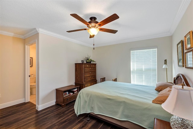 bedroom featuring ensuite bathroom, ceiling fan, a textured ceiling, crown molding, and dark wood-type flooring