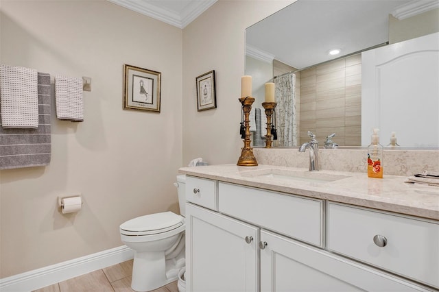 bathroom with toilet, curtained shower, hardwood / wood-style flooring, vanity, and crown molding