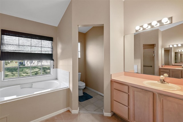 full bathroom featuring lofted ceiling, separate shower and tub, toilet, vanity, and tile patterned flooring