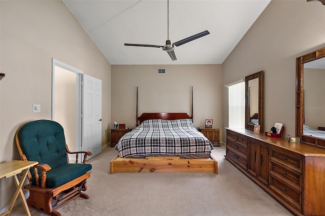 carpeted bedroom featuring high vaulted ceiling and ceiling fan