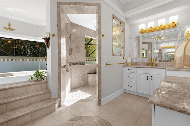 bathroom featuring vanity, ornamental molding, shower with separate bathtub, and tile patterned floors