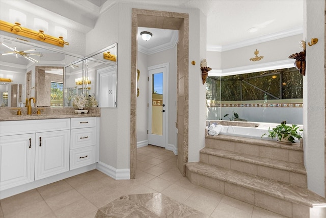 bathroom featuring vanity, ornamental molding, and tiled bath