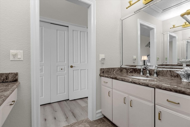 bathroom with vanity and hardwood / wood-style flooring