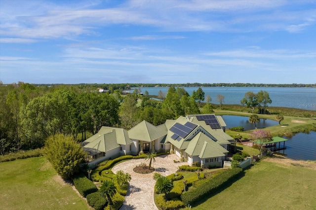 drone / aerial view featuring a water view