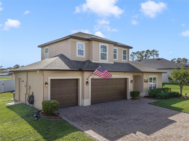 view of front of property featuring roof with shingles, fence, decorative driveway, a front lawn, and stucco siding