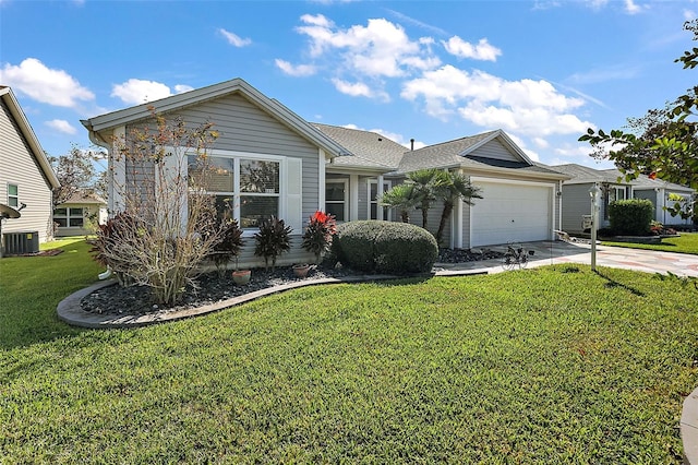 view of front of property featuring a front lawn, central AC unit, and a garage