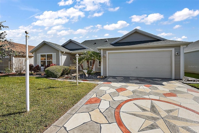 ranch-style house featuring a front yard and a garage