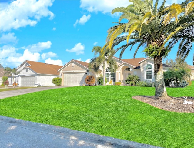 view of front of house featuring a garage and a front lawn