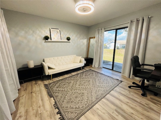 office area featuring light hardwood / wood-style floors and a textured ceiling