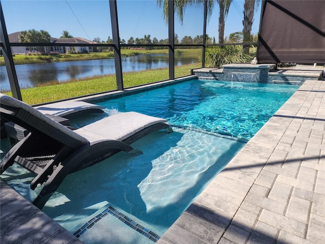 view of pool featuring an in ground hot tub, pool water feature, and a water view