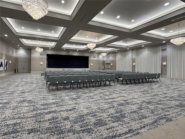 carpeted home theater featuring crown molding, beamed ceiling, and coffered ceiling