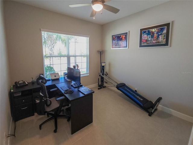 tiled office with ceiling fan