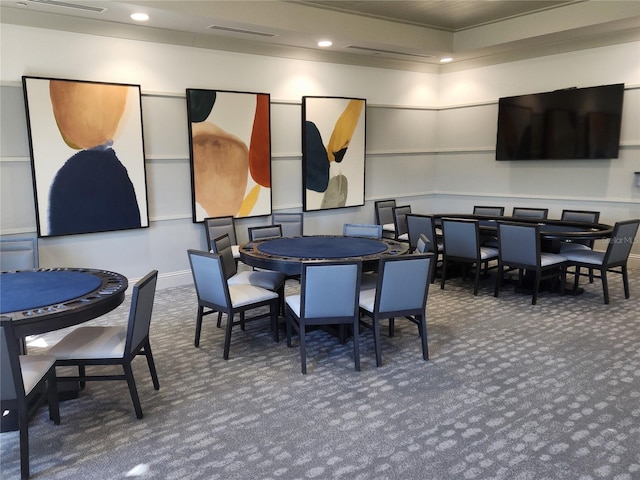 playroom with dark colored carpet